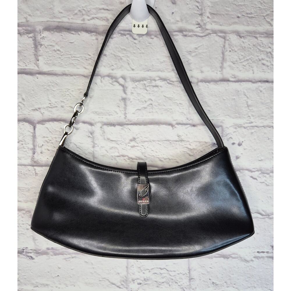 VTG Y2K Guess Black Shoulder Bag Baguette Purse G Logo Chrome Hardware 00s